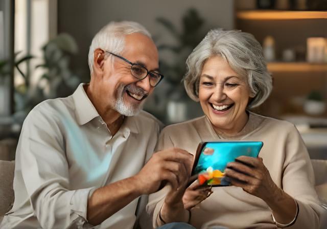 A cheerful senior couple in Singapore sitting together editing digital photos on a tablet, learning creative smartphone skills