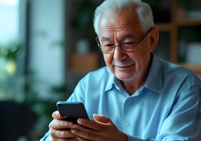 An elderly gentleman in Singapore reviewing online banking security tips on his smartphone with a confident expression