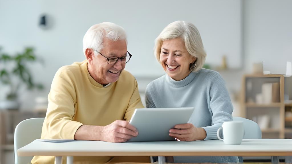 Two senior Singaporeans smiling while learning to use a tablet together in a bright classroom at Toh Guan Road