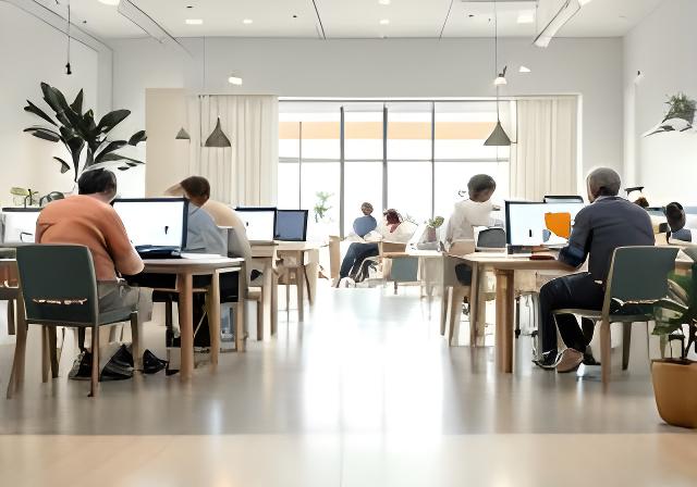 Bright welcoming interior of the Singh & Soh SilverTech education centre at Toh Guan Road with seniors engaged in computer learning
